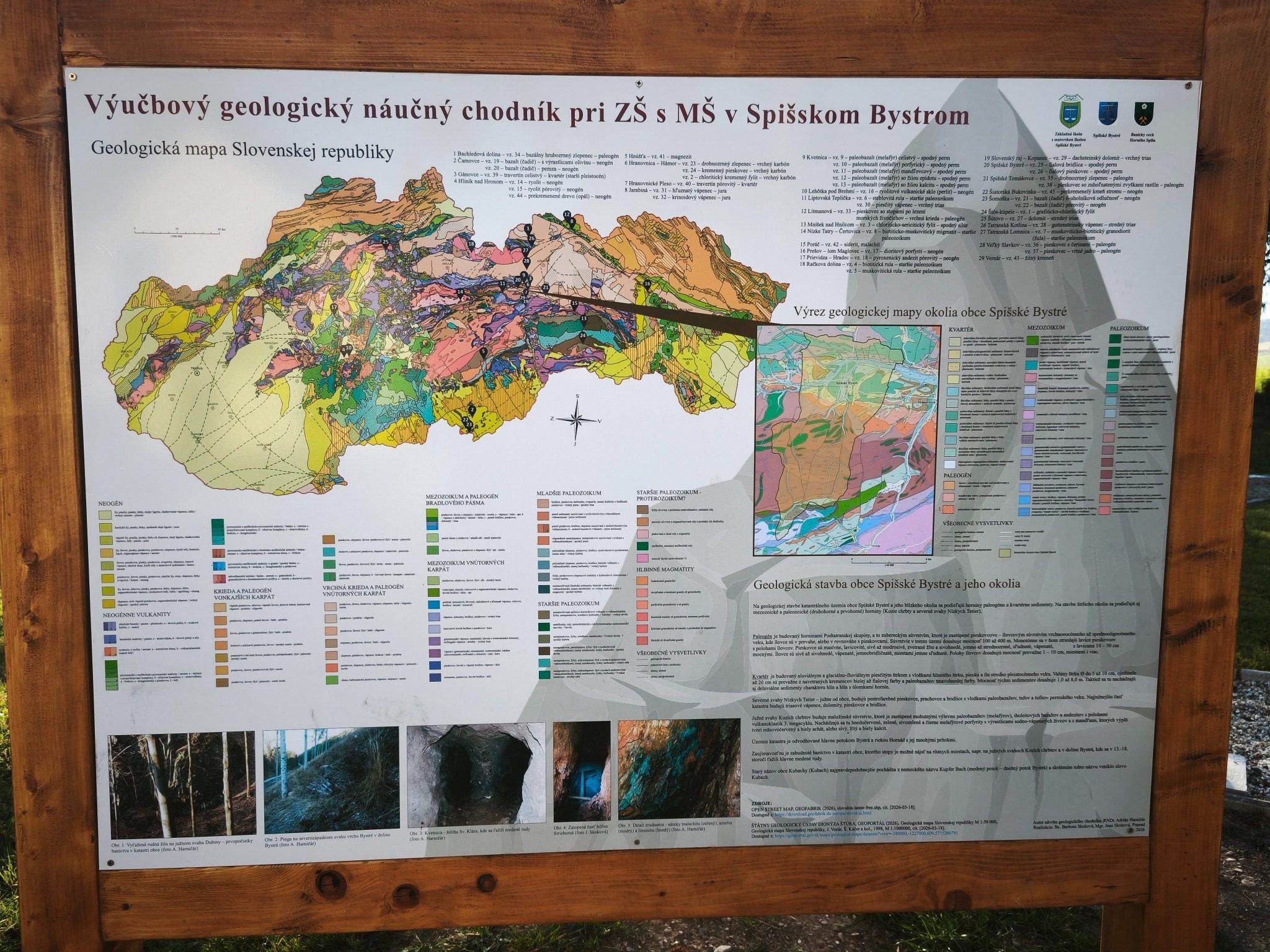 Skutočná informačná tabuľa Výučbový geologický náučný chodník pri ZŠ s MŠ v Spišskom Bystrom; geologická mapa Slovenska a zoznam 29 lokalít