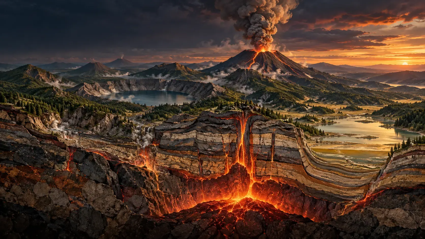 Sopečné pohoria, kaldera, magma a usadzujúca sa kotlina